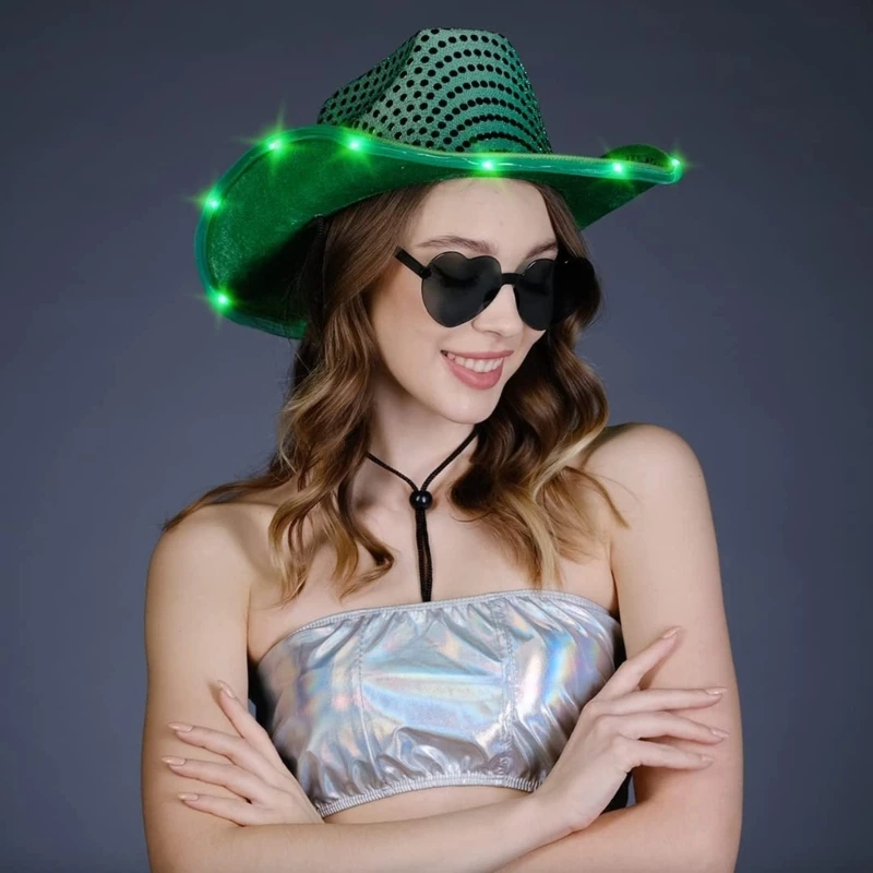 Glowing Sequins Cowboy Hat Wide Brim LED Light Up Brim Hat Woman