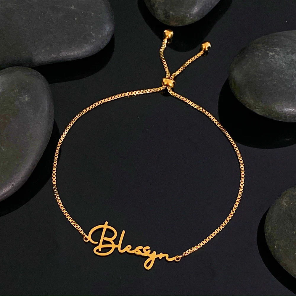 

Fashion Personalized Custom Name Bracelet for Women Stainless Steel letter Bracele with Adjustable Box Chain Jewelry Gift