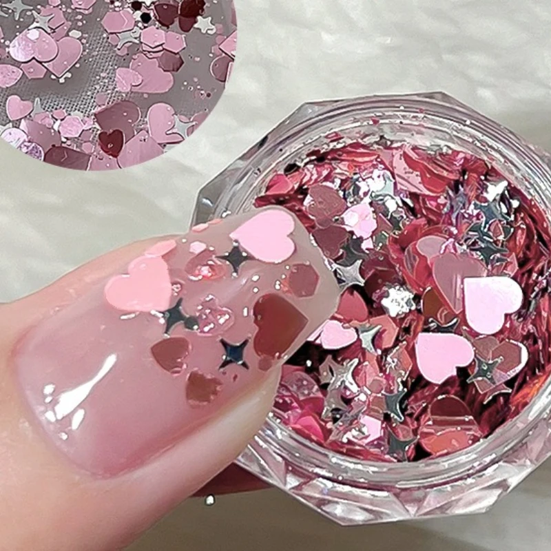 레이저 하트 별 모양 네일 스팽글 3D 글리터 플레이크 팔레트 키트, 네일 아트 장식, 매력 매니큐어 네일 액세서리