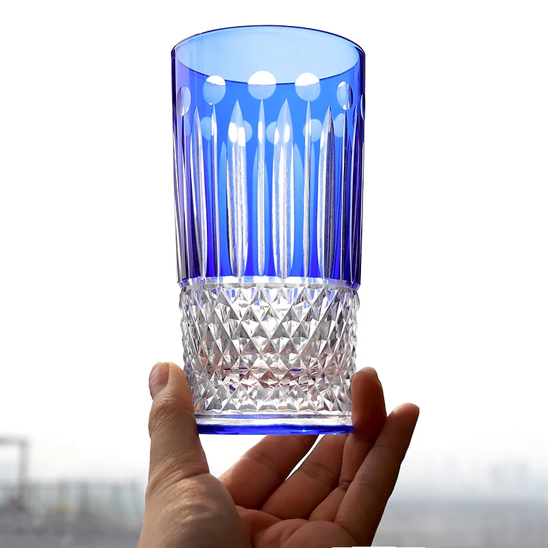 French Design Top Luxury Highball Whisky Glass Diamond Carving Royal Blue Crystal Wine Cup Whiskey Glass Water Drinking Tumbler