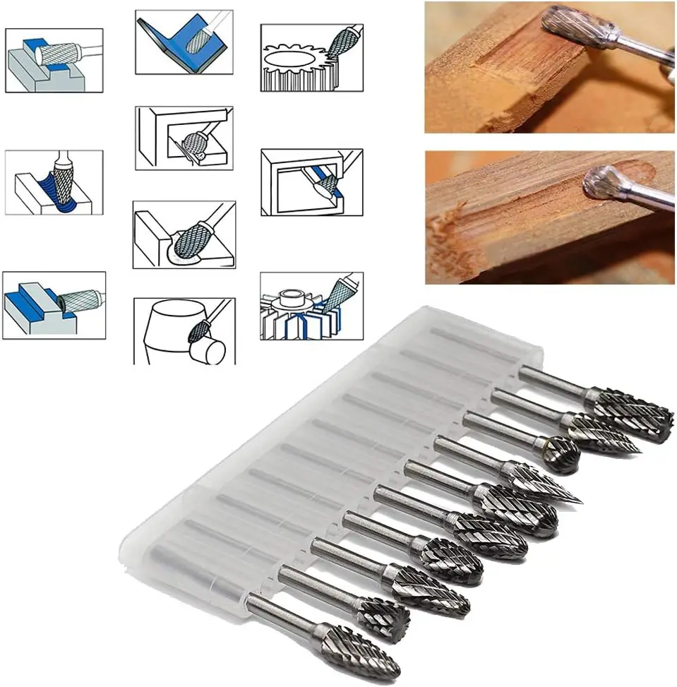 Double Cut Carbide Rotary Burr Set-10 Pcs 1/8" Shank, 1/4" Head Length Tungsten Steel for Woodworking,Drilling, Metal Carving,