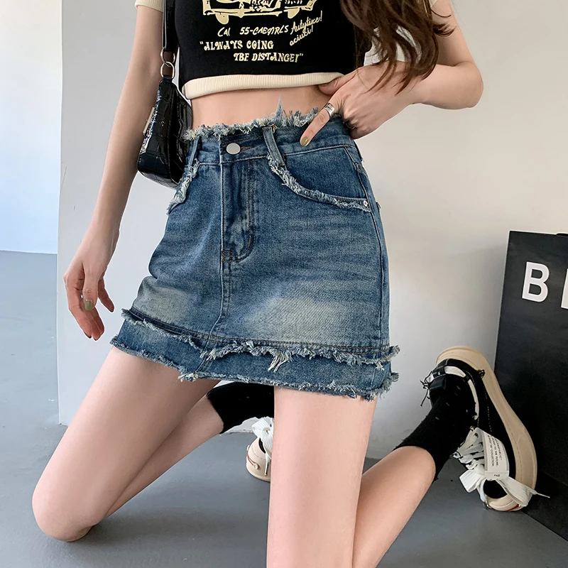 Denim skirt women's blue commuter summer short skirt 2023 new vintage  anti-walking hip skirt hot girl A-line pants skirt