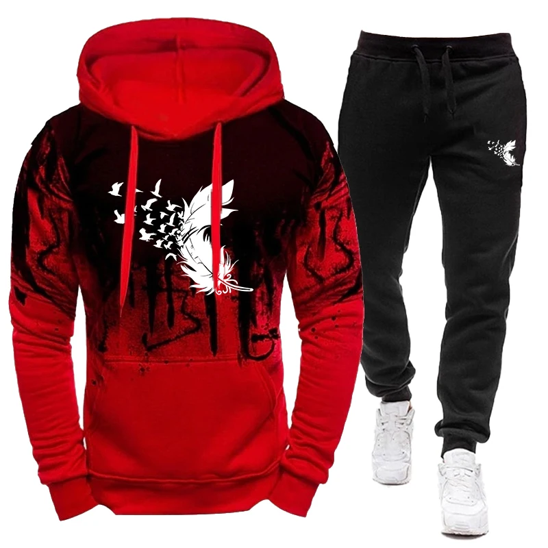 2023 Men's Sports Wear Speckled Ink Pullover Hoodie and Pants 2-Piece Casual Long Sleeve Men's Sports Jogging Set Sports Set