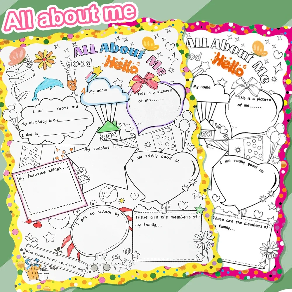 

All about me coloring DIY poster classroomdecora painting Kids Party Cards Introduction to Kindergarten self introduction card