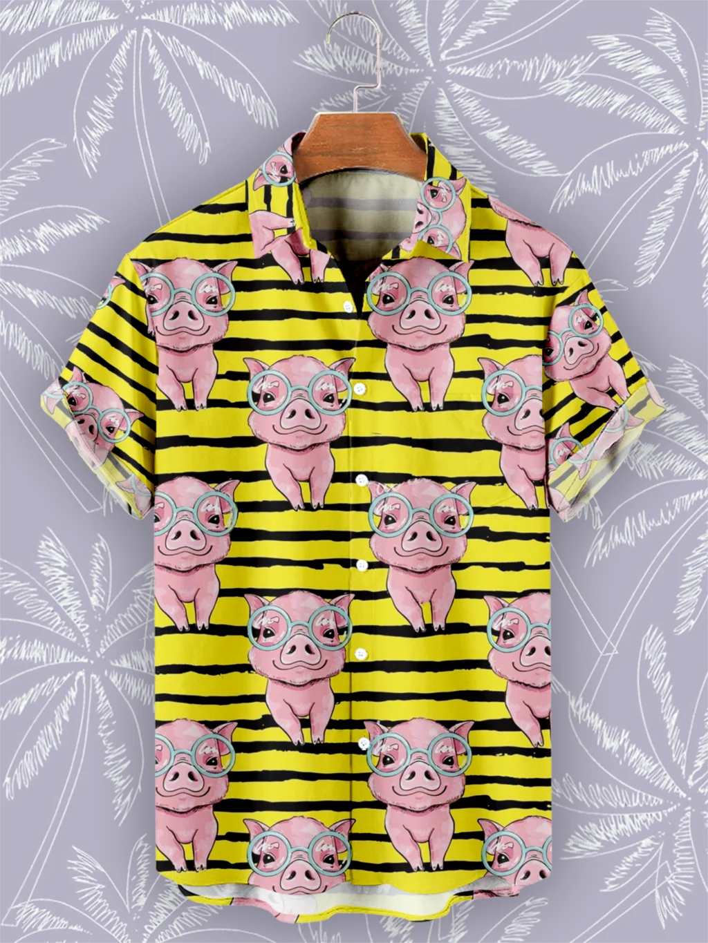 

Pig Cartoon Hawaiian Shirts Man Stripe Short Sleeve Fashion 3D Print Cuba Tops Casual Yellow Shirts for Men 2023 Beach Blouses