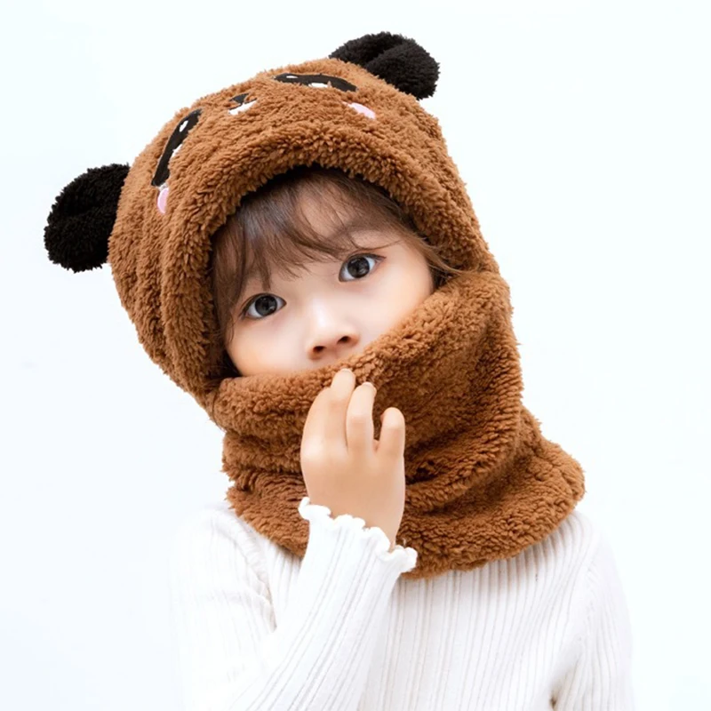 Children Hood Scarf Fleece Thicken Hat Winter Kids Boys Girls Full Cover Earflap Cute Warm caps kids caps