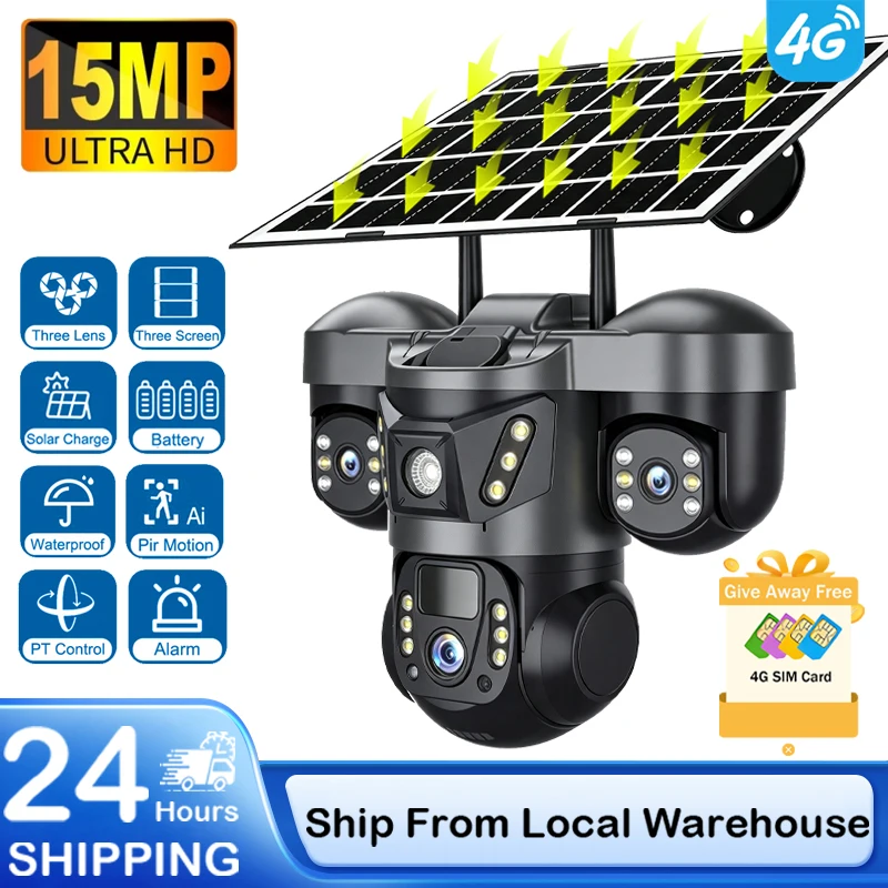Caméra solaire extérieure à triple objectif PTZ 15MP 4G SIM, trois objectifs, trois écrans, surveillance par batterie, détection humanoïde IA, suivi automatique, étanche IP66, vision nocturne, caméras de sécurité vidéo 1