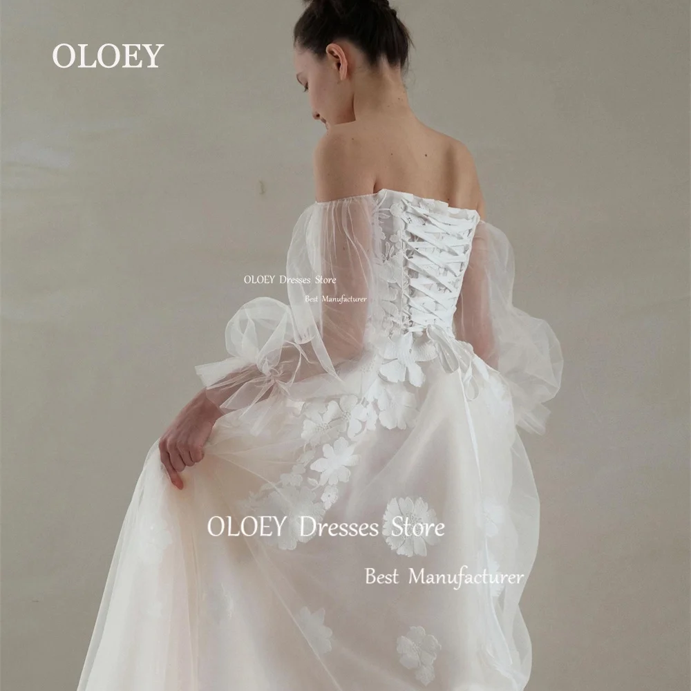 OLOEY Floral Lace Wedding Dress Puff Sleeves Off Shoulder Bridal Gown Long Sleeves Corset Back A Line Floor Length