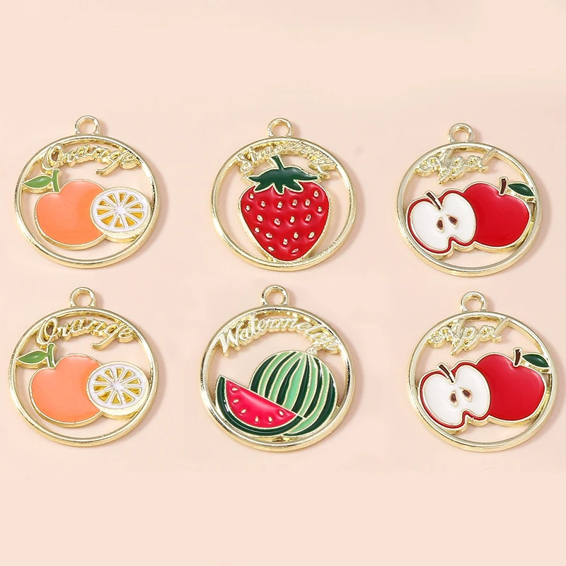 Leslie 10 Stück KC Vergoldete Niedliche Frucht-Anhänger Emaille Apfel Orange Erdbeere Wassermelone Charms für Schmuckherstellung Zubehör
