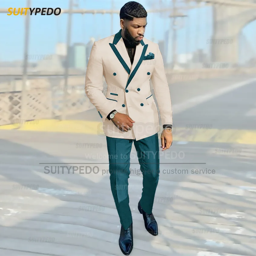 Men Beige Suit Sets 2-piece Set Blazer Pants Tuxedo Formal Business Outfits