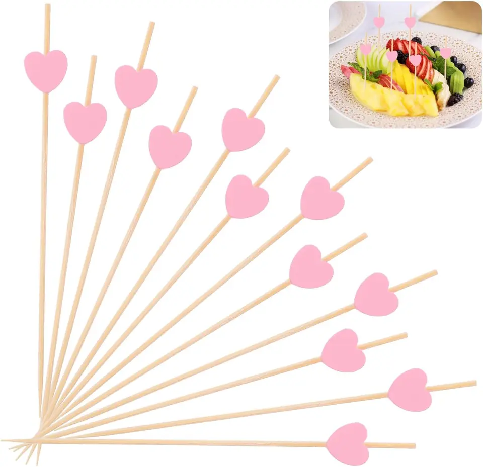 Cute Heart Shaped Bamboo Cocktail Skewers 100 Pack