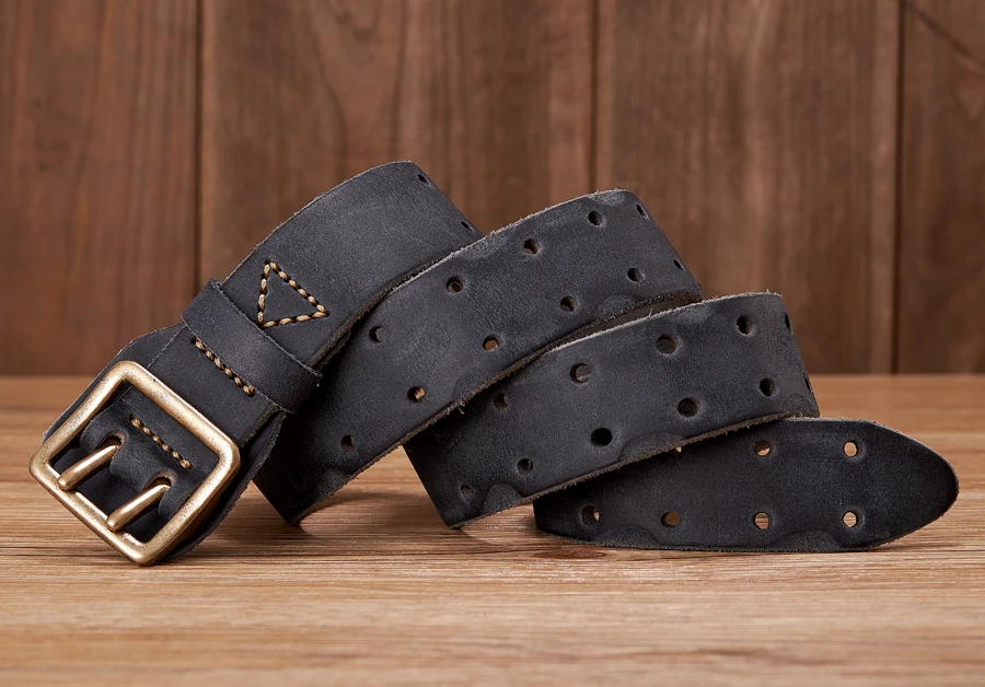 3.8CM Original Handmade Double-needle Buckle Men Belt Made Old Macho Jeans Belt Thick Real Genuine Leather Army Tactical Belt