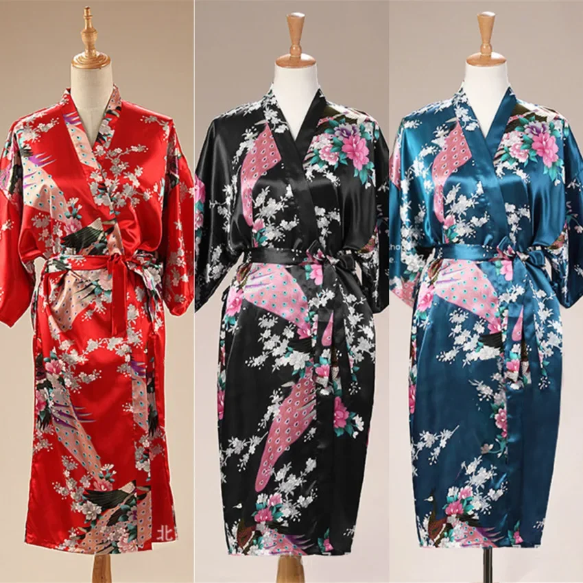 

Satin Japanese Style Kimono Women Yukata Dresses Traditional Peacock Thin Clothing For Japanese Adult Loose Pajamas 9 Color