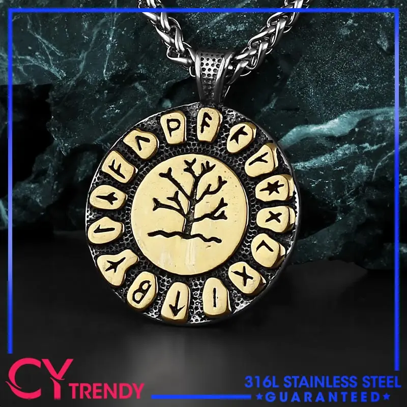 

European and American Style Men's Hip-hop Personality Viking Rune Tree of Life Stainless Steel Pendant Necklace