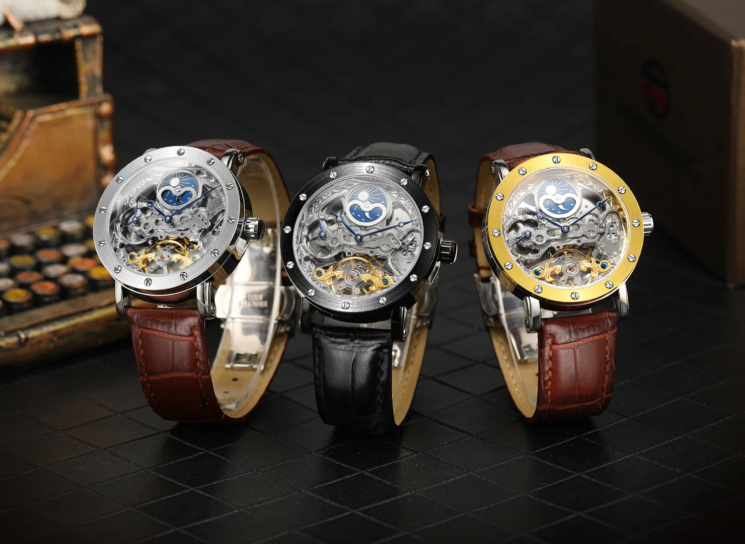 SKROX Dual Time Zone Moon Phase Automatic Clock Mechanical Genuine Leather Men's Wristwatches Original High-End Luxury Man Watch