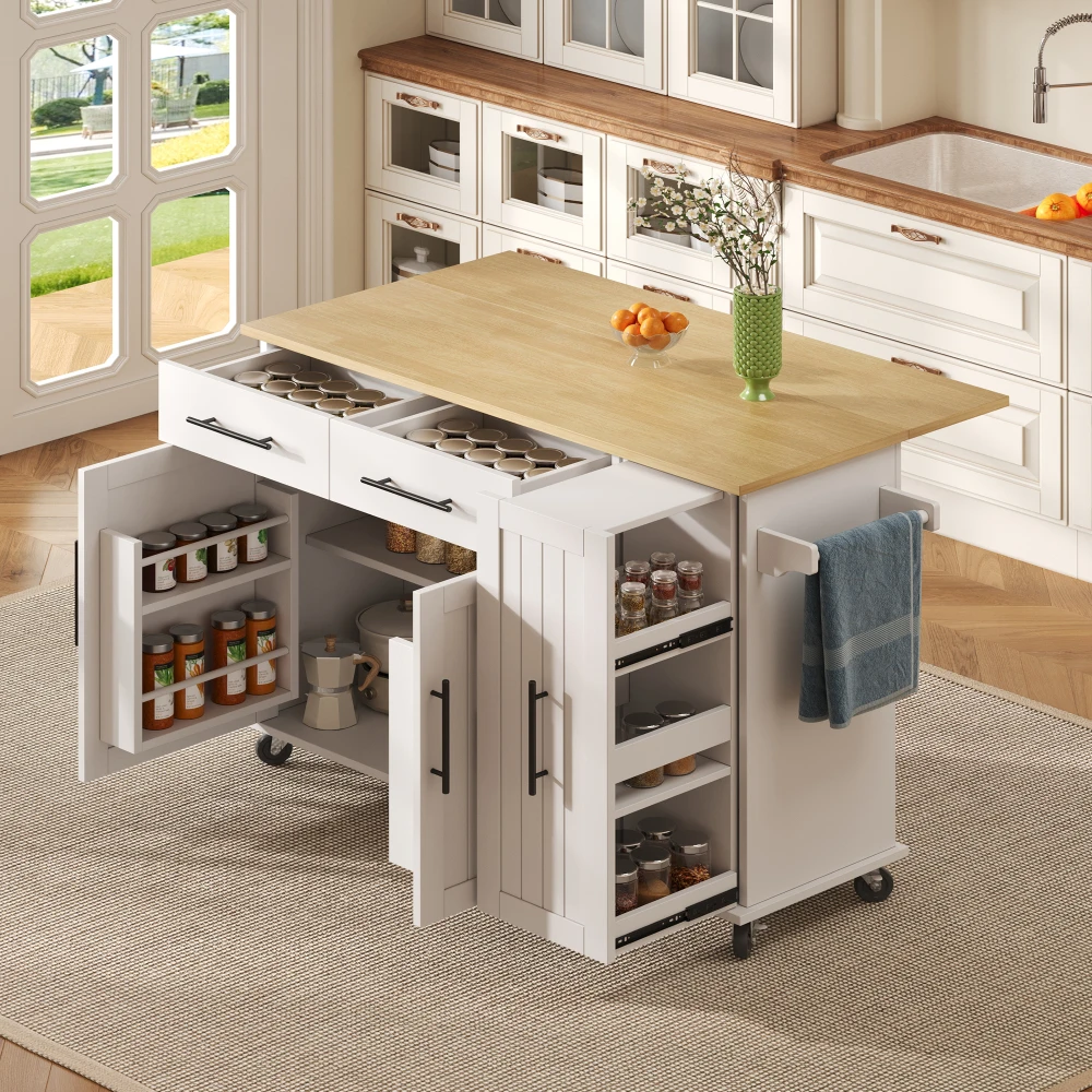 Kücheninsel mit Drop Leaf, Aufbewahrungswagen mit 3-stufig ausziehbarem Schrank-Organizer, internes Lagerregal, Rollwagen auf Rädern – Detail 21