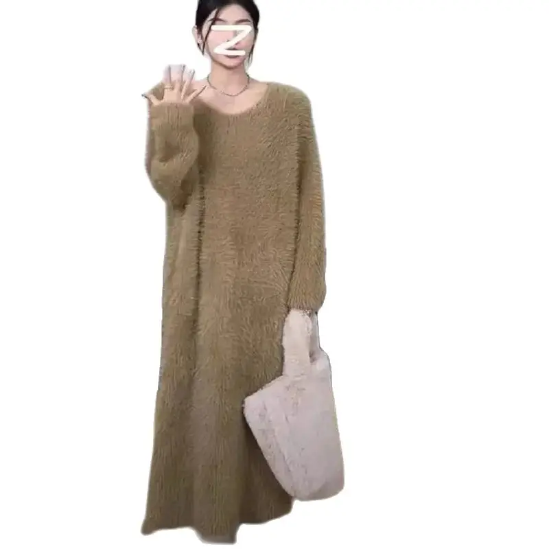 fashionable-women's-sweater-gentle-v-neck-pullover-white-over-knee-2023-autumn-winter-korean-imitation-mink-fur-long-dress