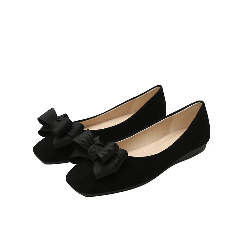 Flat Shoes Women's Fashion Butterfly-knot Square Toe Party Leather Ballet Big Size 43 Shallow Ladies Loafers Black Blue New