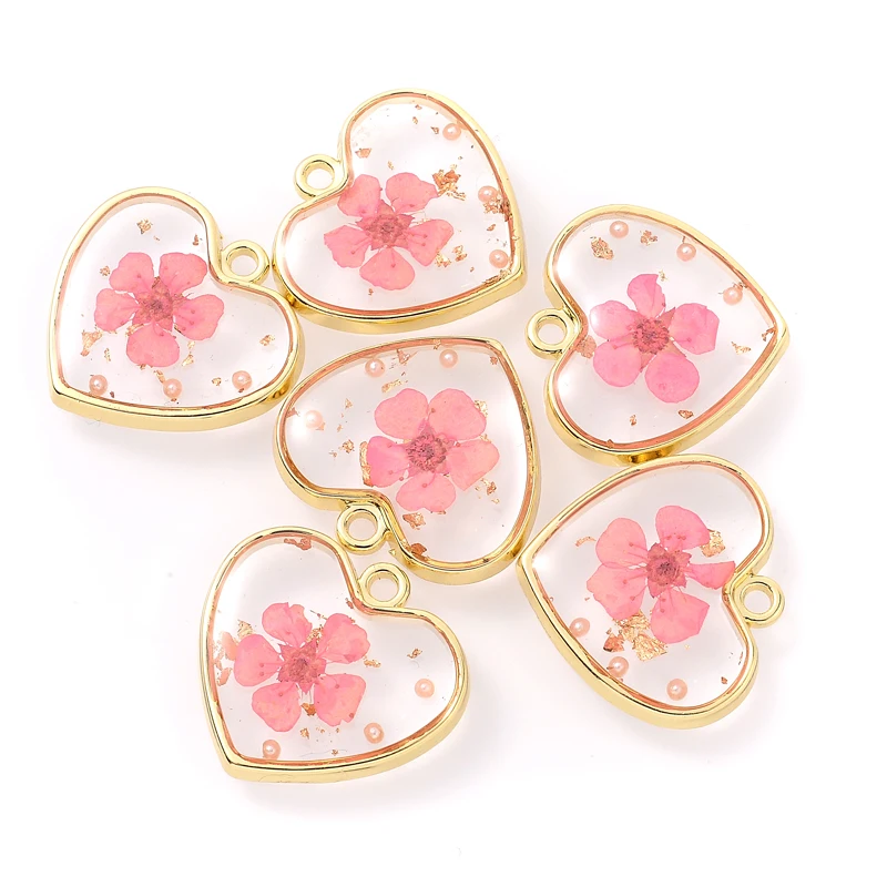 4Pcs Love Heart Handmade Transparent Foil Resin Pressed Dried Flower Drop  Gel Petal Specimen Charms Pendant for Jewelry Making