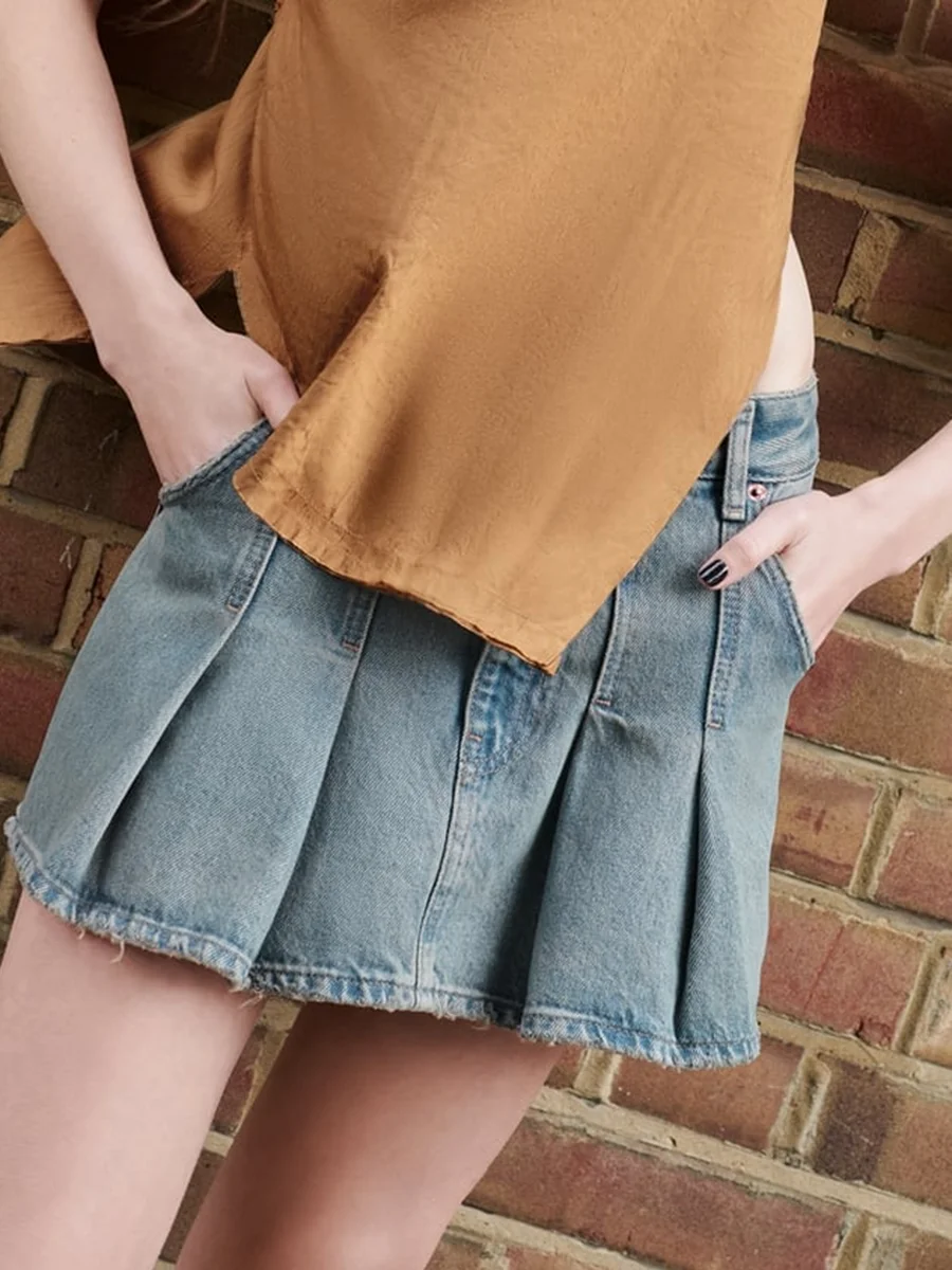 

Washed Denim Mini Skirt Women 2023 Summer Mid Waist Zipper A Line Pleated Short Skirts Ladies Vintage Streetwear Faldas Female