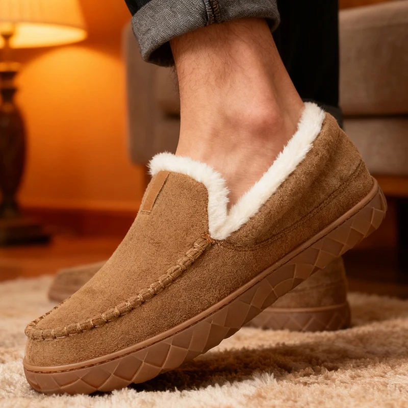 Men Slippers Winter Warm Plush Comfortable Luxury House Indoor Bedroom Cotton Shoes Suede Sewing Casual Slippers Big Size 40-48