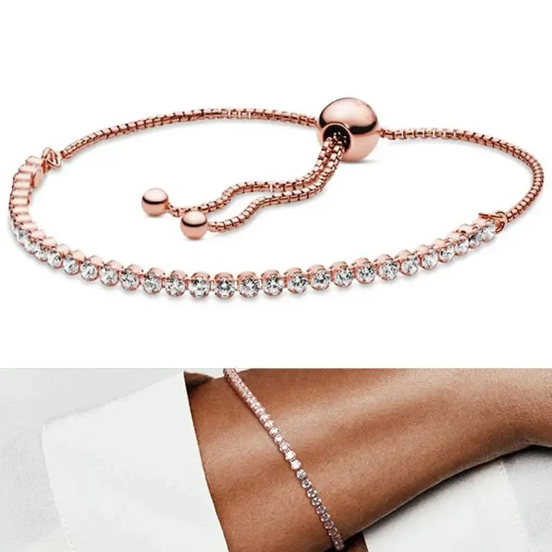 New High Quality Women's Bracelet 100% 925 Silver Original Logo Ice Crystal Zircon Logo Adjustable Tennis Bracelet DIY Jewelry
