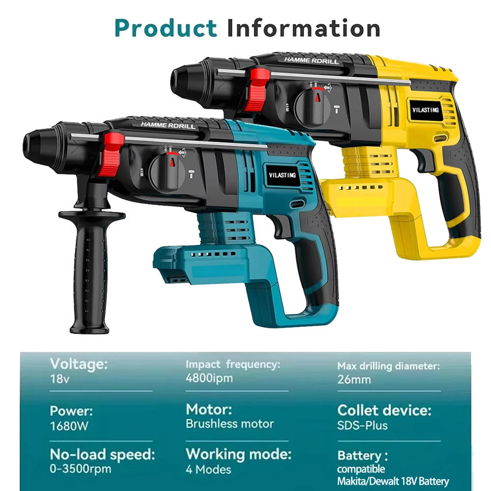 26MM Brushless Electric Hammer Drill Multifunctional Rotary Cordless Rechargeable Power Tools Fit Makita/Dewalt 18V Battery 3