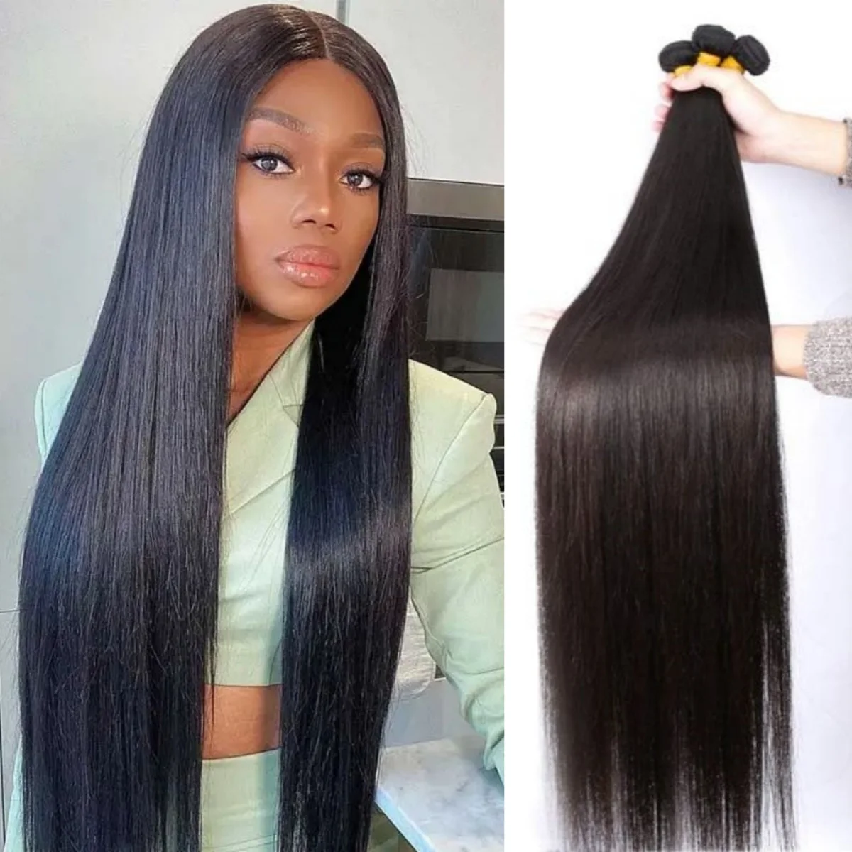 

Natural Human Hair Extensions 100% Human Hair Bone Straight 10A Double Drawn Brazilian Remy Hair Weaving 50g 150% Density 30Inch