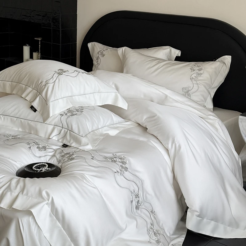 Flowers Embroidery Luxury Bedding Set 800TC Lyocell Cotton Soft Silky Cool Feeling Duvet Cover Flat/Fitted Bed Sheet Pillowcases 3
