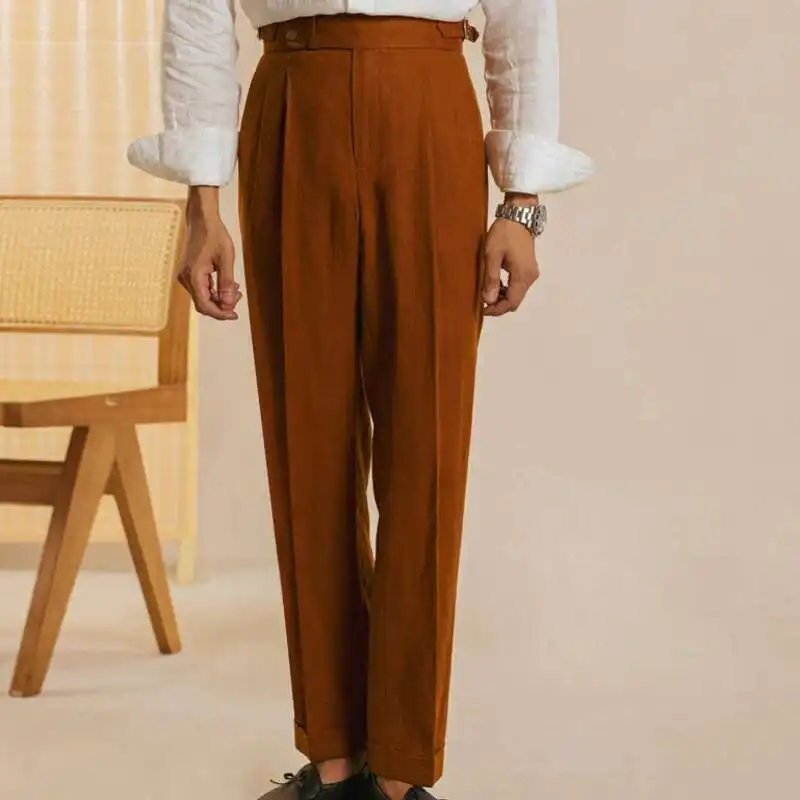 Linen Retro Casual Pant British High Waist Pants Office-trouser Men Dress White Pant Trouser Straight Leg Naples