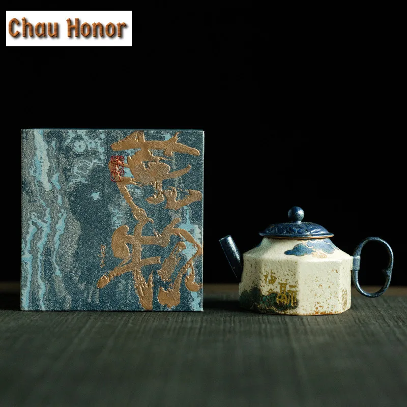 125ML Blue And White Flint Red Teapot Vintage Gold Drawing Auspicious Cloud Octagon Pot Tea Making Kettle Tea Ceremony Ornaments