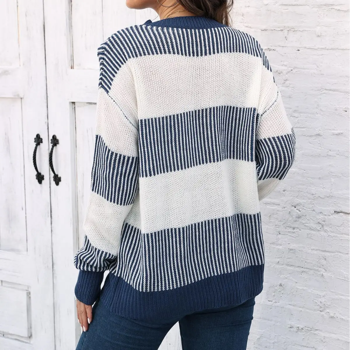 Women Autumn Winter Striped Knitted Sweater Pullover