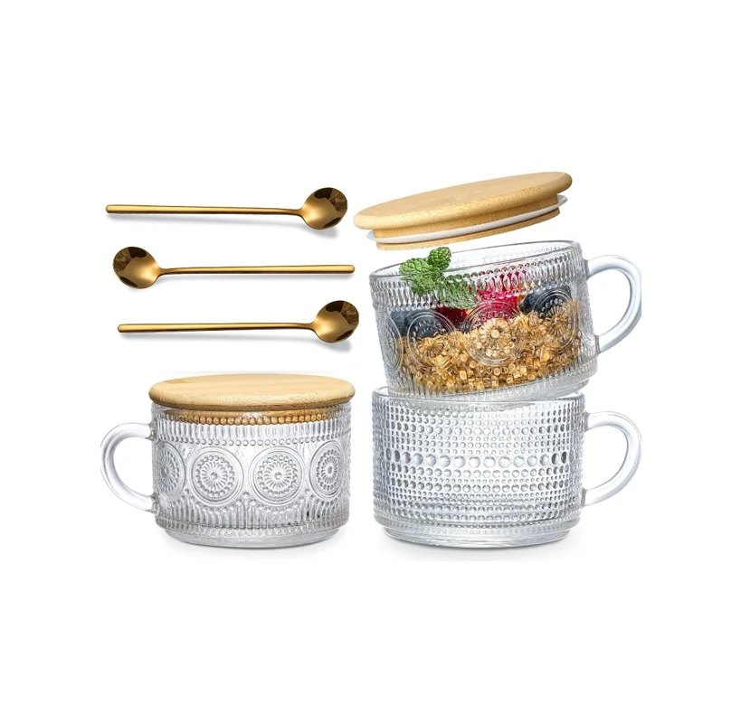 

3-piece Vintage Coffee mug Ladies Gift set, oatmeal container with bamboo lid and spoon - 14 oz clear embossed glass