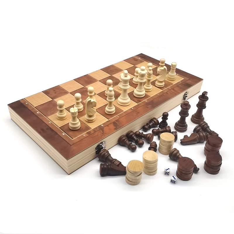 39 センチメートルチェスチェッカーバックギャモン 3 で 1 セット木製