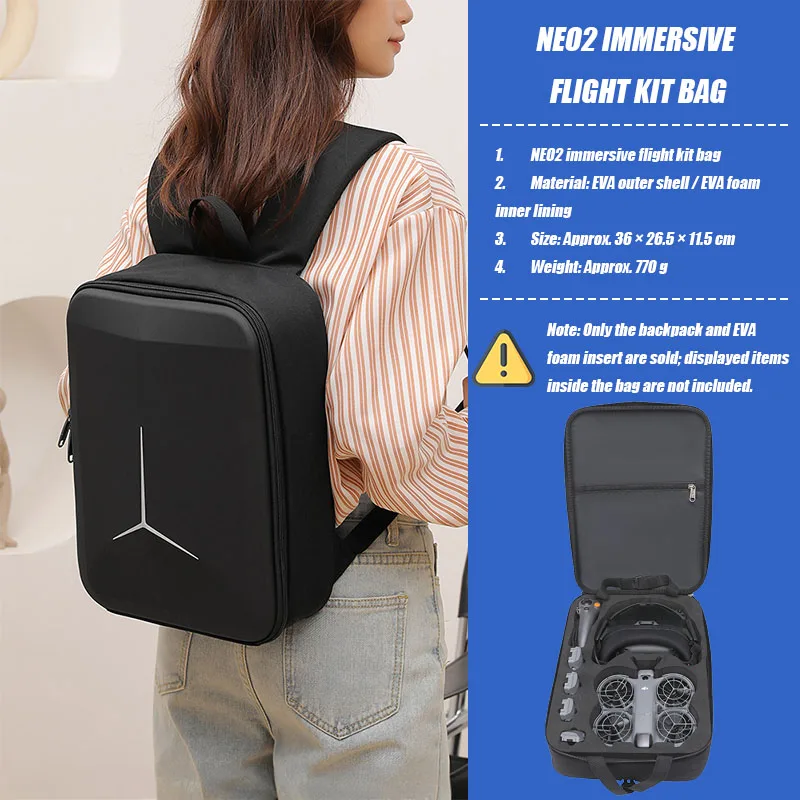 Intérieur du sac à dos rigide antichoc pour DJI NEO 2 Motion Fly More Combo, compartiments ajustables pour batterie et télécommande.