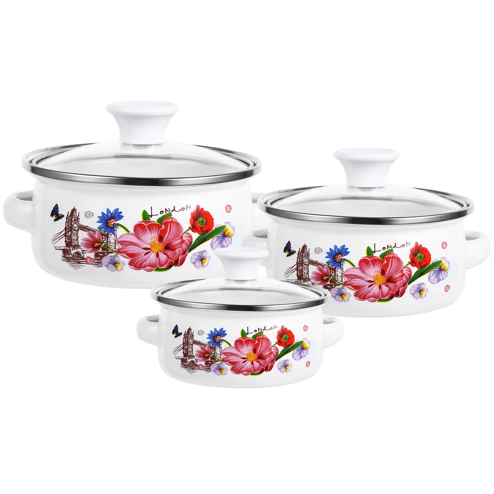 

Kitchen Enamel Stockpot Lid 3Pcs Retro Flower Stew Bean Cooking Pot Vintage Soup Pot Handles Nonstick Simmer Pot