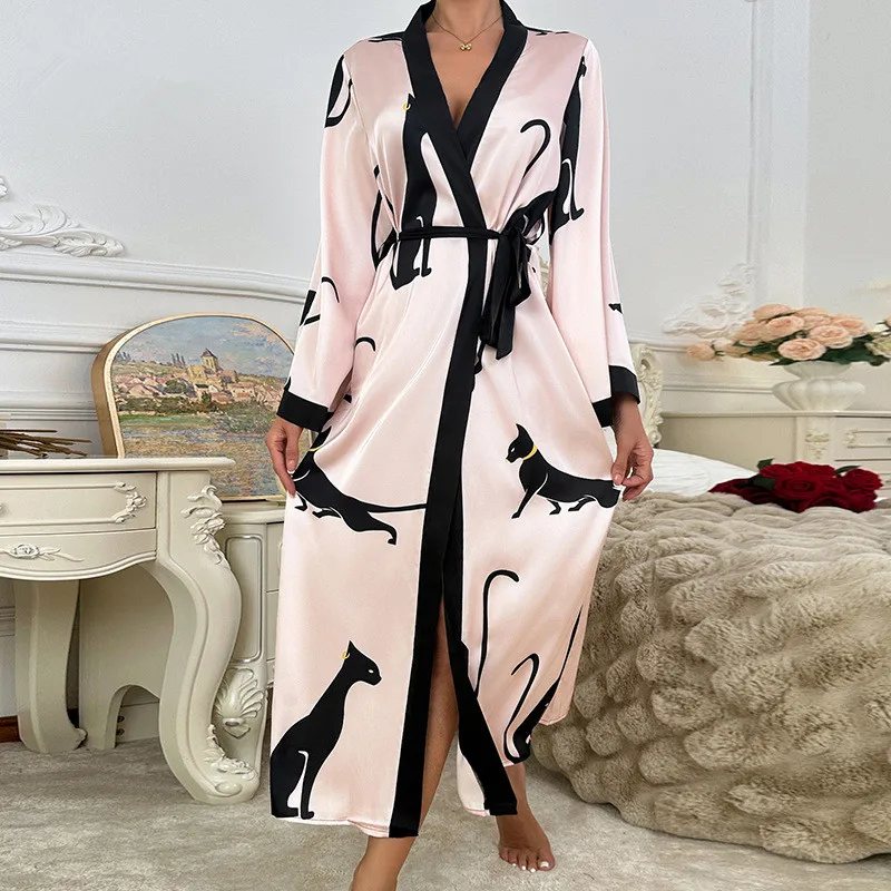 Wedding Party Dress Fashion Printed Robe Women's Clothing Loose Silk Satin Sleepwear Night Gowns Long Sleeve Ladies Bathrobe - 3