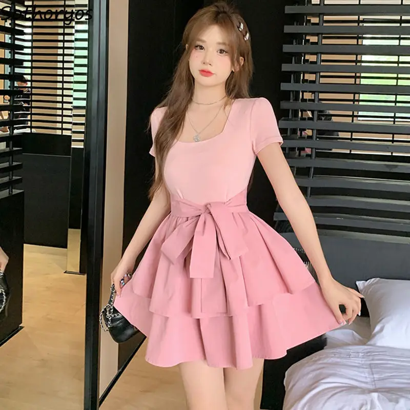 

S-3XL Dresses Women Kawaii Bandage Summer Princess Girlish Party Fashion Mini Vestidos Elegant Ruffles New Attractive Designed