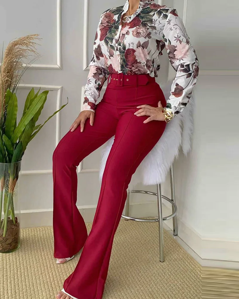 Women Two Pieces Set Leaf Print Buttoned Shirt & High Waist Pants Set Women Tracksuit Office Clothes with belt lounge sets for women Women's Sets