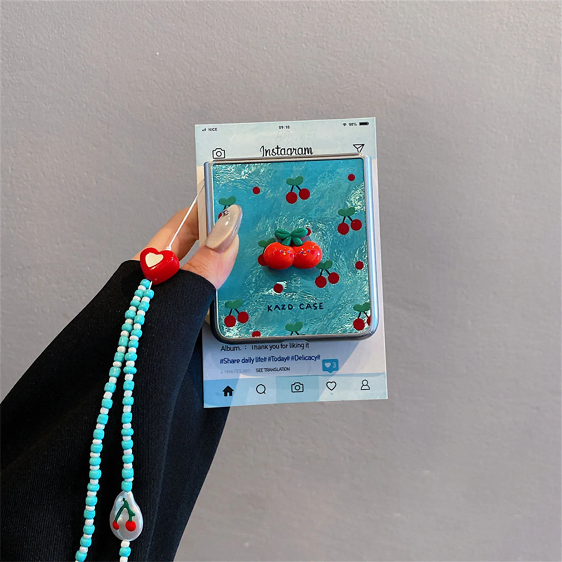 Cherry Glacial Pattern Phone Case with Pendant - Cute Full Screen Design