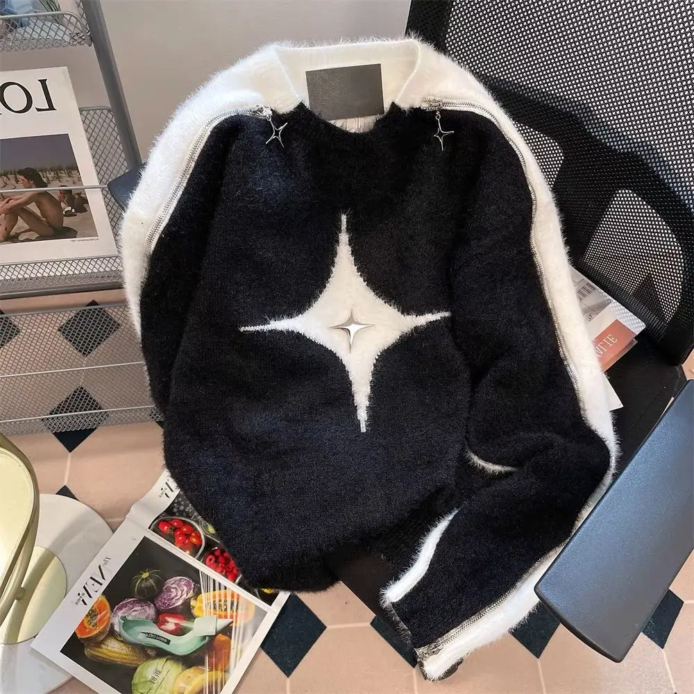 Harajuku Retro Y2k Oversized Star Strapless Sweaters Long Sleeve Pullover Lazy Style Casual Hip Hop Sweater Men Women Streetwear