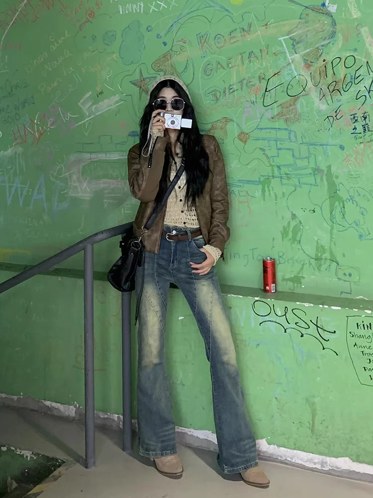 

Women's Patchwork Design High Waisted Skinny Micro Flare Jeans Cool Girl Retro Blue Bell-bottom Pants Female Thin Denim Trousers