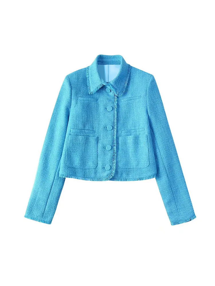 

BBWM Women Chic Woolen Top Ladies Fashion Long Sleeve Lapel Single Breasted Blue Jacket with Raw Edges