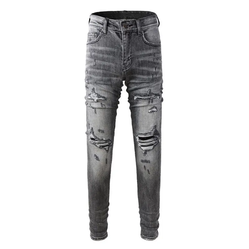 

High Street Fashion Men Jeans Retro Black Gray Stretch Skinny Fit Ripped Jeans Men Leather Patched Designer Hip Hop Brand Pants