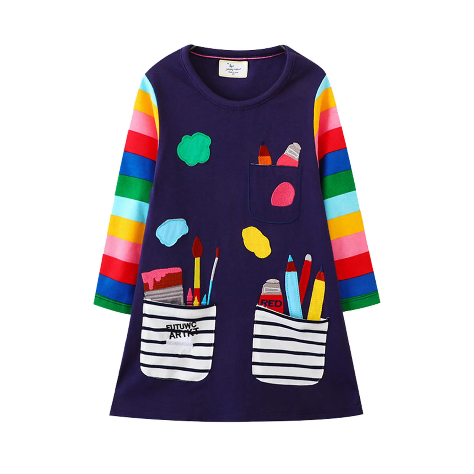 

2023 Hot Selling Children's School Dresses Cartoon Prints Embroidery Crew Neck Long Sleeve Autumn Kids Preppy Style Dress 1-8T