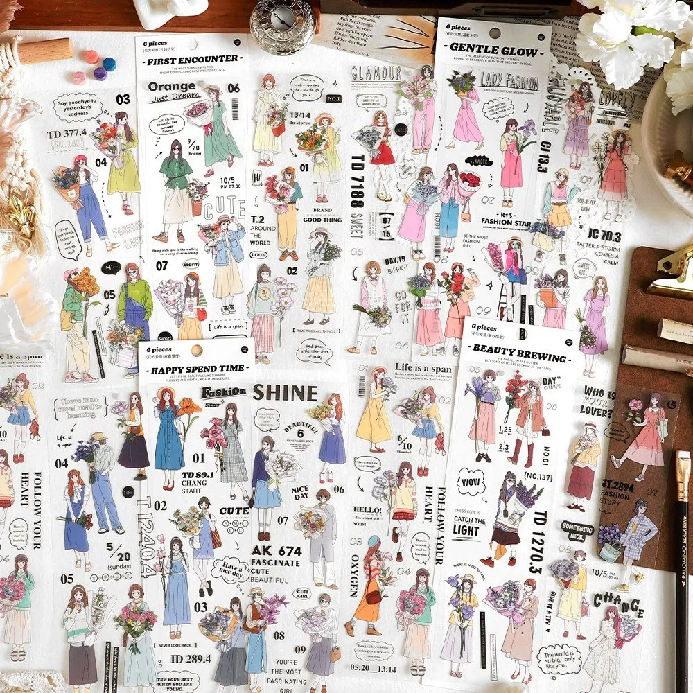 

6 Pcs Fashion Girls Stickers Waterproof Handbook DIY Craft Photo Album Scrapbooking Journal Planner Water Bottle Stickers