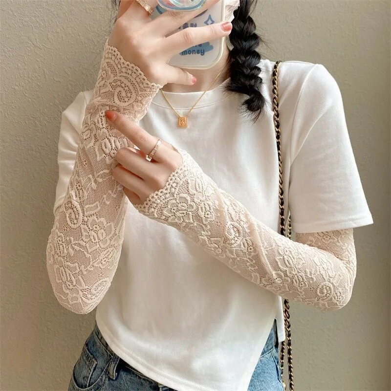 Frauen Sommer Eis Seide Spitze Arm Hülse Elastische Hülse Fahren Handschuhe Schwarz Weiß Lange Fingerlose Fäustlinge Sonnenschutz Handschuhe – Detail 11