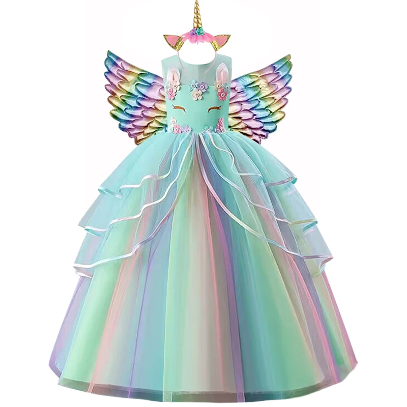 Girls Dress Children Birthday Party Unicorn Printed Lace Panel Role Dressing 3-12 Year Old Halloween