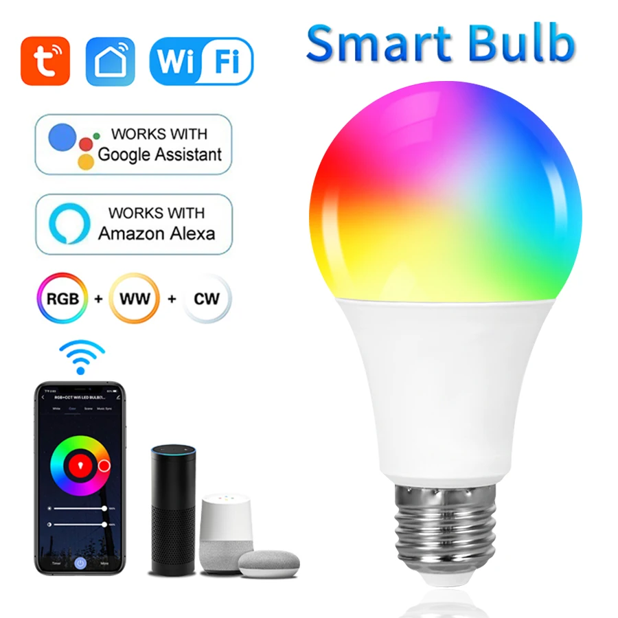 Tuya Smart E27 WiFi Bulb 220V 110V 10W 15W Dimmable RGB Lamp 2700-6500K Smart Life APP Control Works with Alexa Google Home