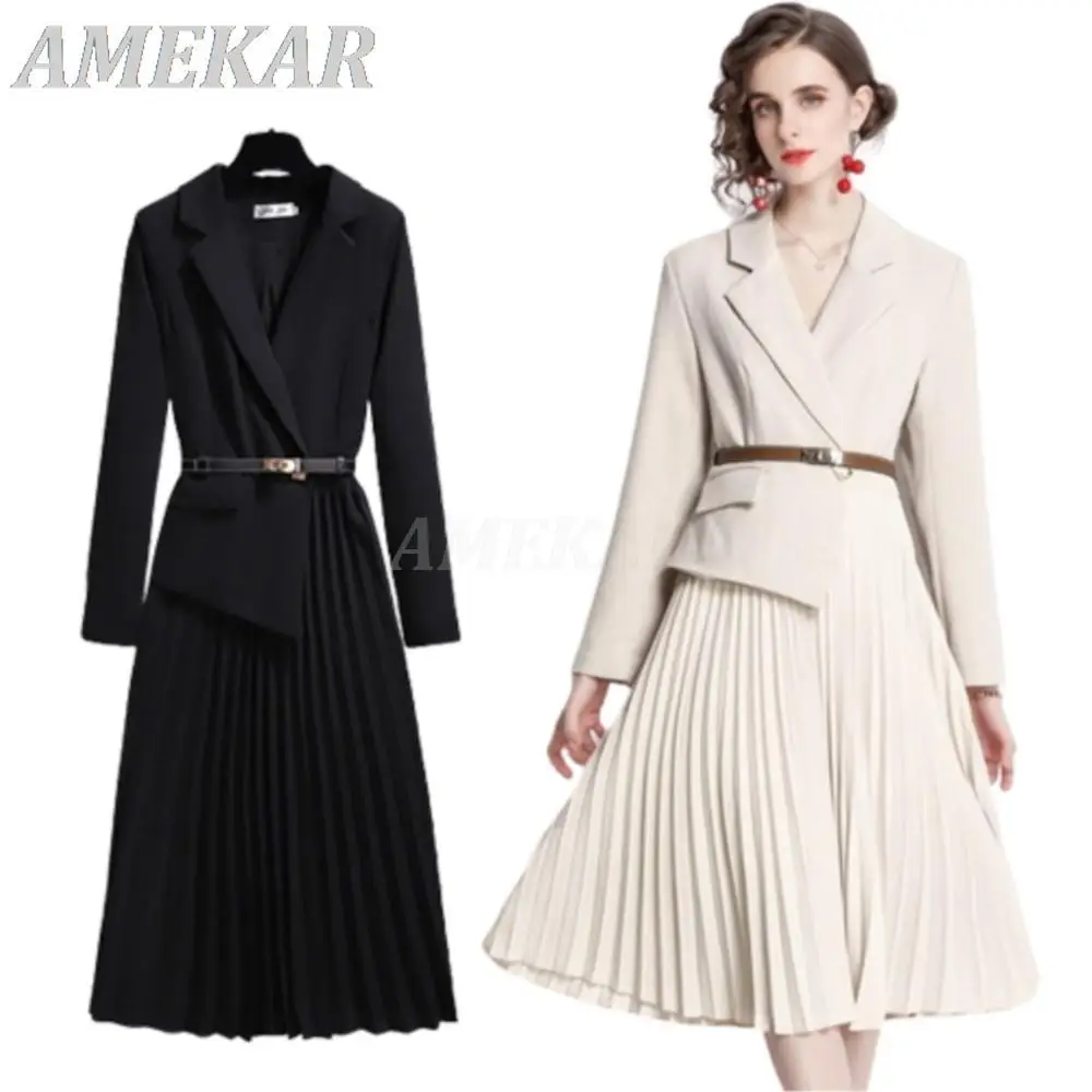 

Vintage Pleated Belt Patchwork One Piece Blazer Dress For Women Elegant Office Ladies Notched Dress Female Spring Midi Vestido